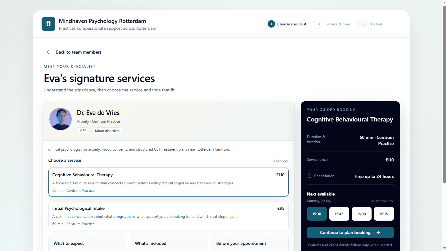A populated Mindhaven Psychology Rotterdam provider profile with services, prices, appointment length, and next available times
