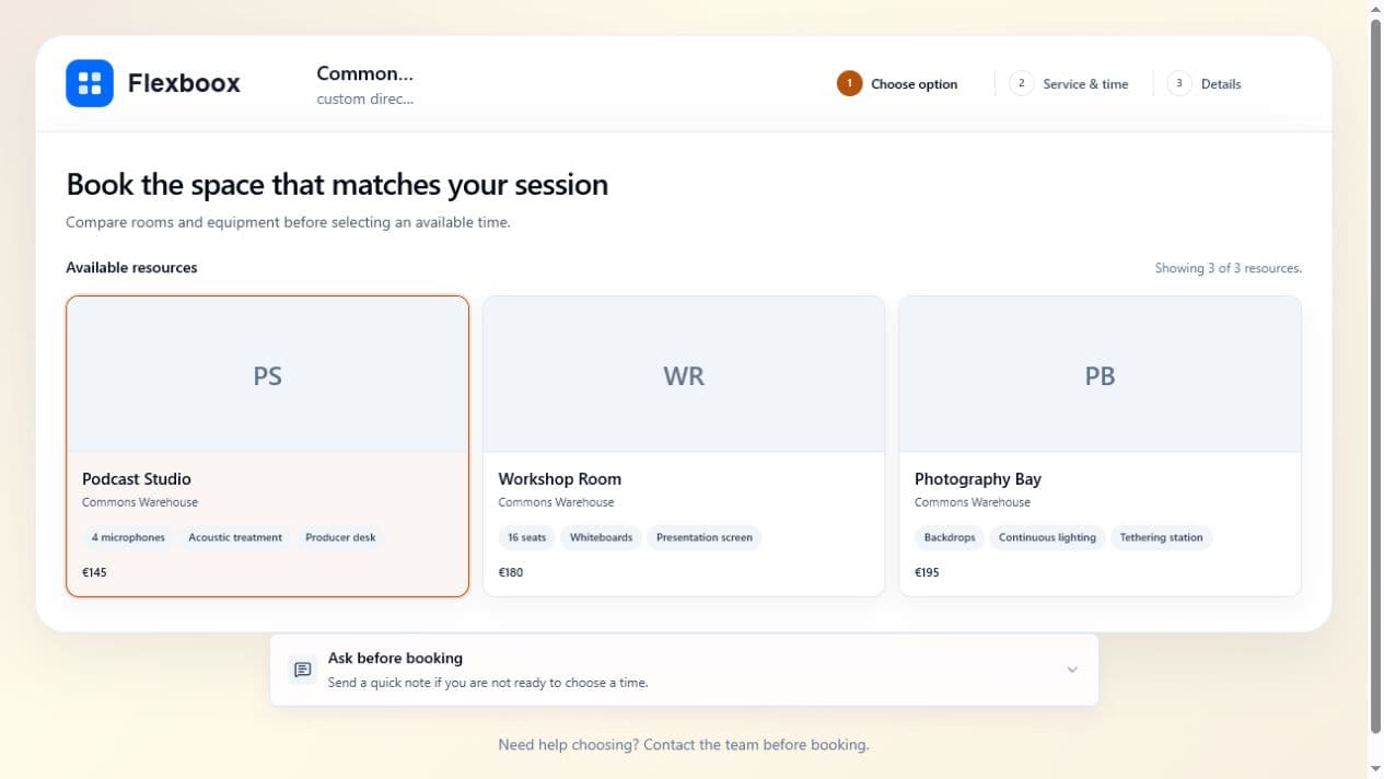 Commons Studio resource directory with podcast, workshop, and photography spaces
