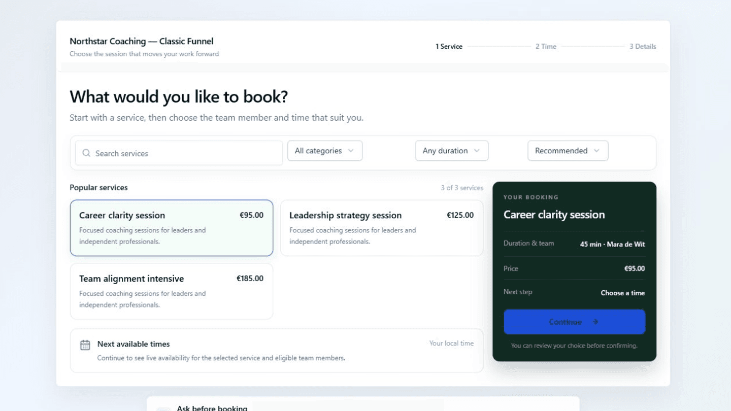 Northstar Coaching service-first booking page with three populated coaching services and a selected booking summary